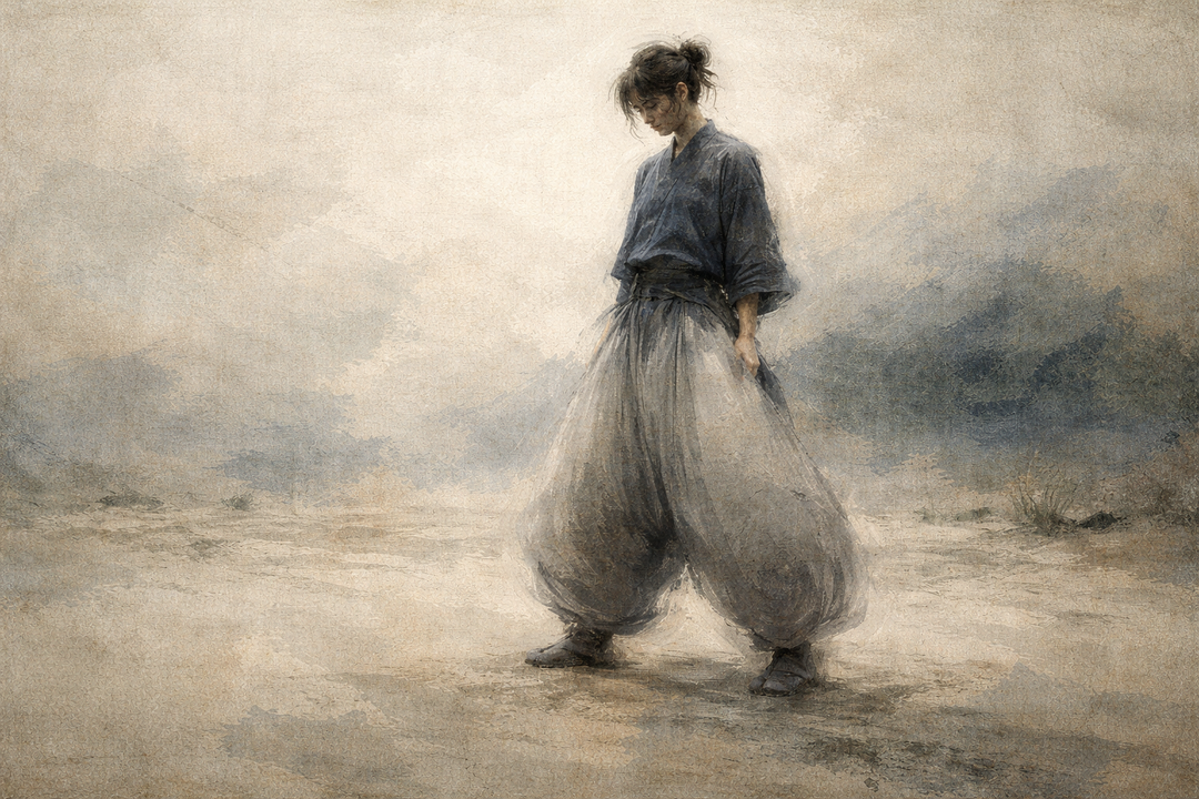 A person wearing traditional Japanese workwear stands outdoors, showing a relaxed, wide-fitting silhouette that emphasizes ease of movement, balance, and comfort rather than a tight or tailored fit.