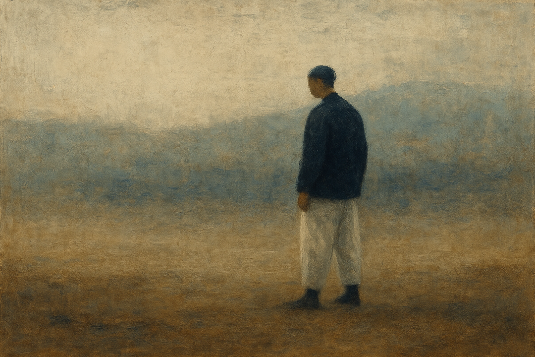A man wearing understated Japanese workwear stands in an open, misty landscape, conveying calm confidence, restraint, and quiet strength through simple, functional attire.