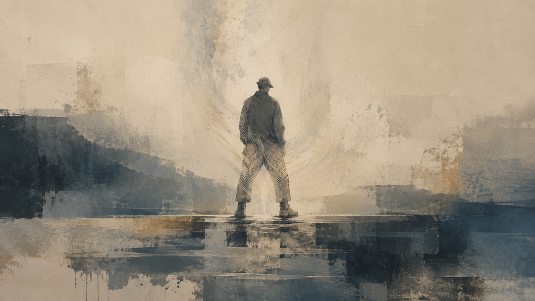 Abstract painting of a worker standing in work boots with a grounded stance, evoking the relationship between footwear fit, cushioning, support, and strain on the knees and hips.