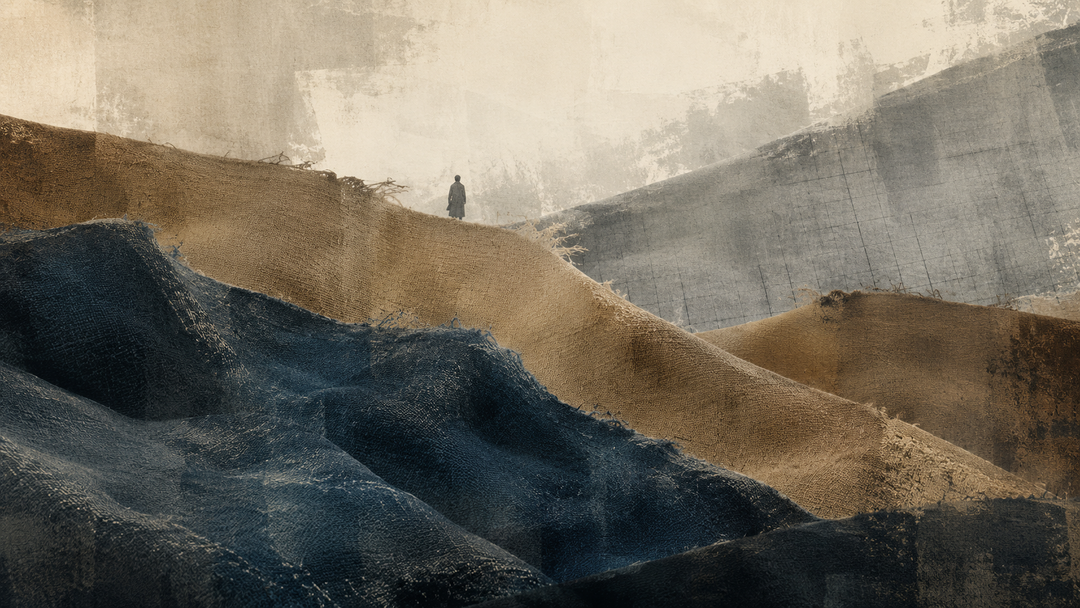 Abstract painting of layered denim, canvas, and ripstop-inspired fabric textures forming a rugged landscape, highlighting differences in structure, weight, and workwear durability.