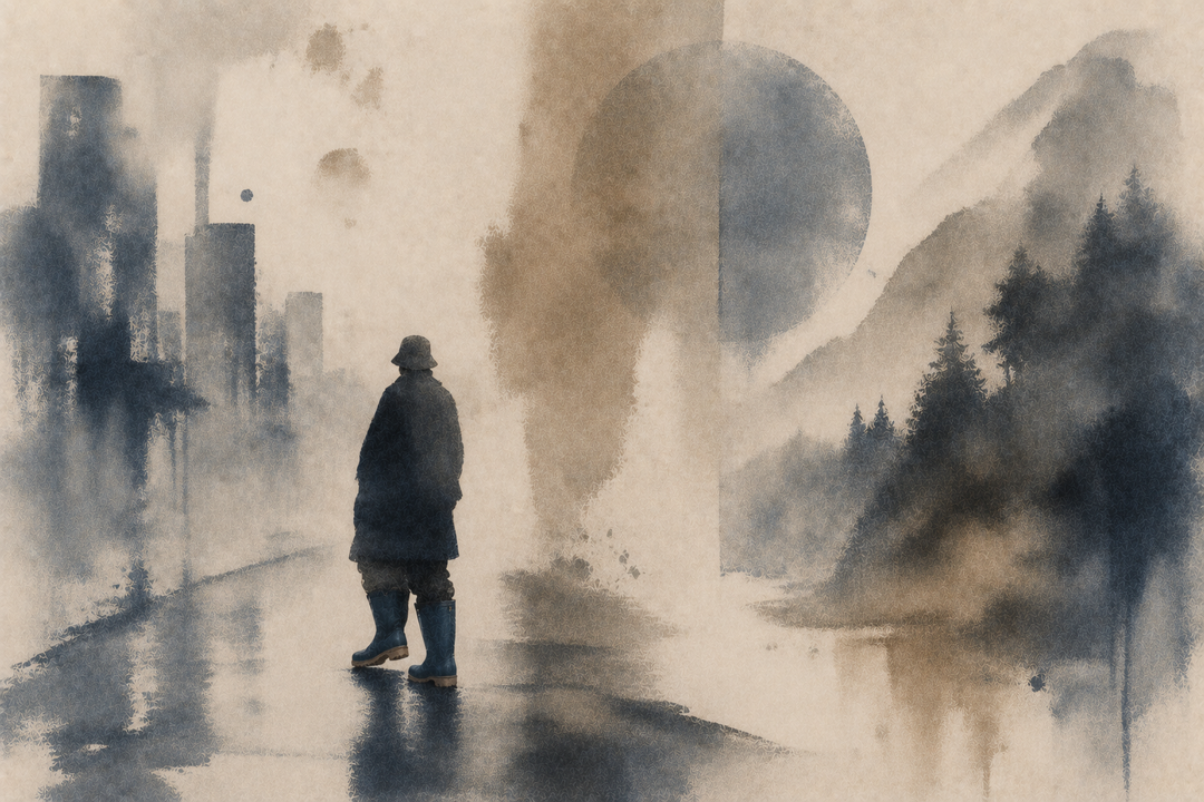 Abstract painting of a figure wearing rain boots in a misty landscape blending urban and outdoor elements, evoking waterproof protection, versatility, and practical travel use.