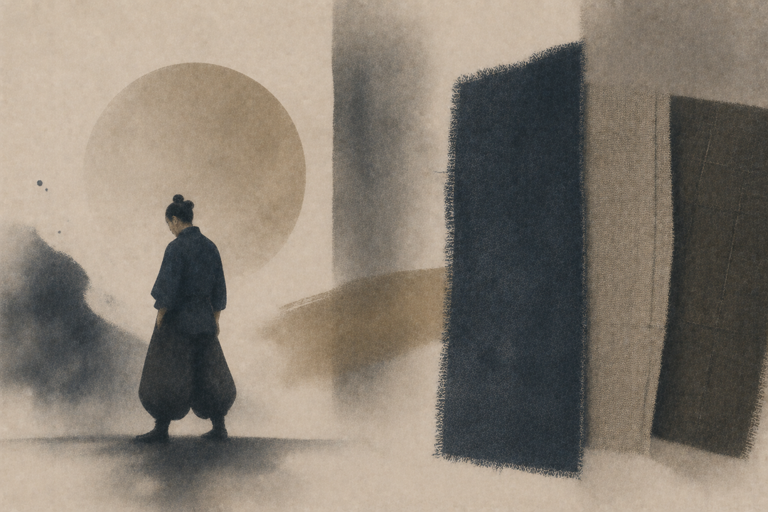 Abstract painting of a figure in relaxed Japanese-inspired clothing beside neutral fabric swatches, evoking understated styling, natural textures, and a modern approach to Japanese fashion.