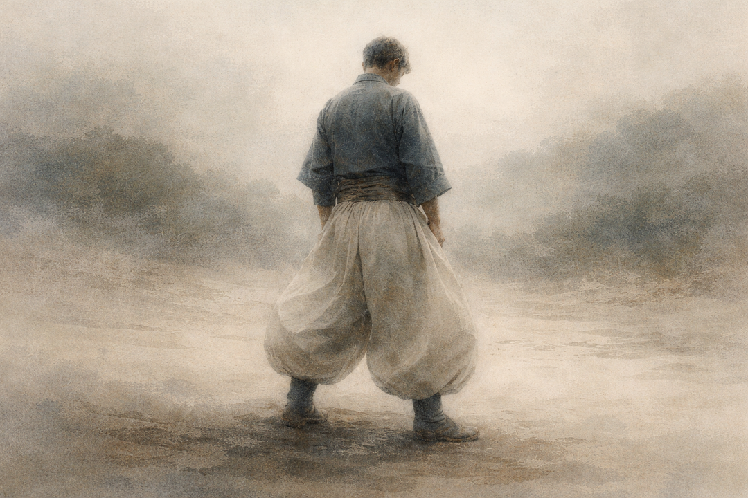 A craftsman seen from behind wearing traditional Japanese workwear with wide tobi-style pants, highlighting the airy silhouette, natural drape, and comfort-focused design suited for long hours of movement.