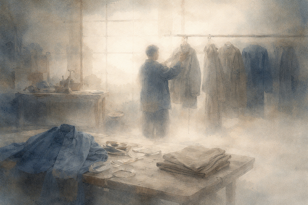 A craftsman stands in a softly lit workshop, inspecting Toraichi work jackets on a hanging rail, with folded fabrics and tools on wooden tables, emphasizing durability, construction, and long-term wear.