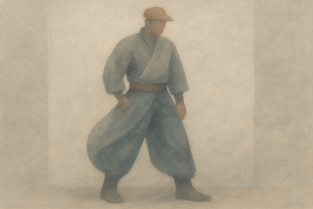 A man wearing traditional Japanese carpenter-style workwear stands in a misty setting, highlighting layered construction, freedom of movement, and the practical elegance of craftsmanship-driven clothing.