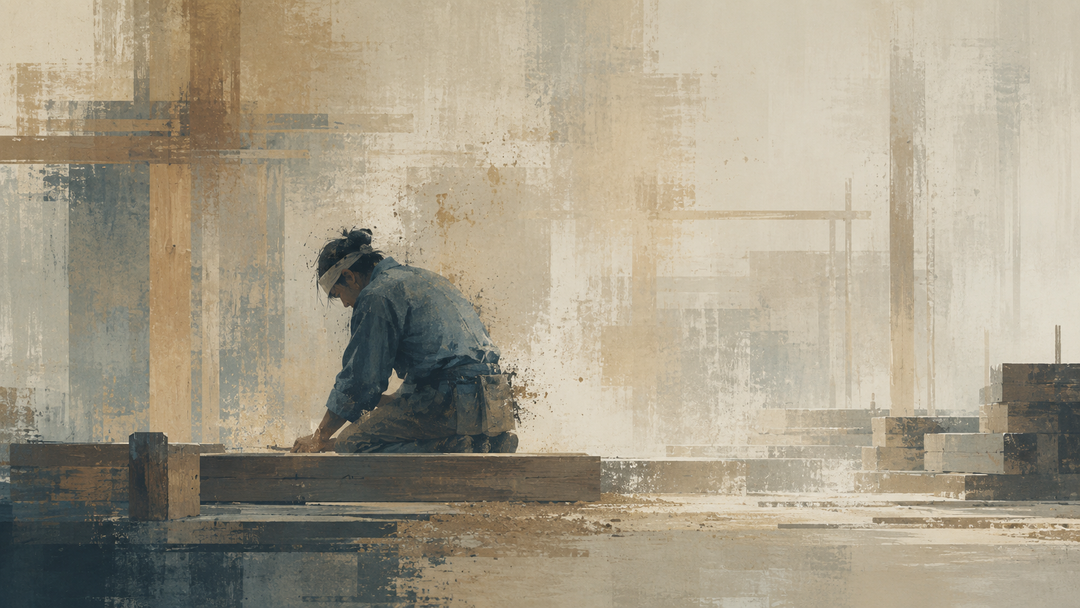 Abstract painting of a Japanese carpenter working with timber in traditional-style workwear, surrounded by wooden beams and construction materials.