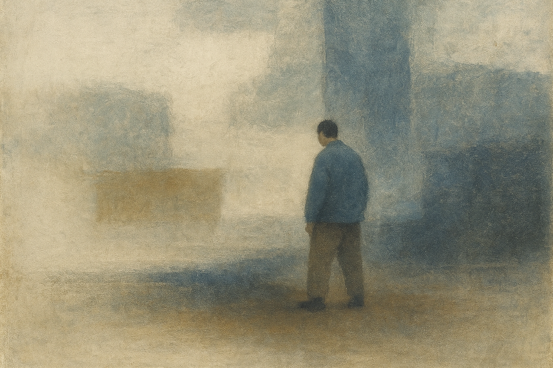 A man wearing Japanese casual workwear stands alone in a misty urban landscape, blending traditional workwear aesthetics with a quiet, contemporary atmosphere.