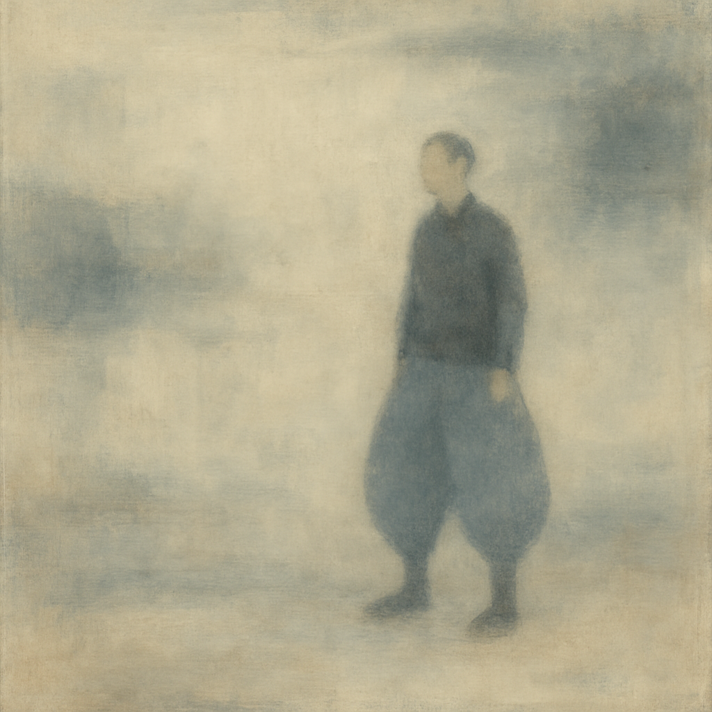 A figure wearing modern Japanese workwear stands quietly in a misty, minimalist space, highlighting volume-driven silhouette, restraint, and functional elegance.