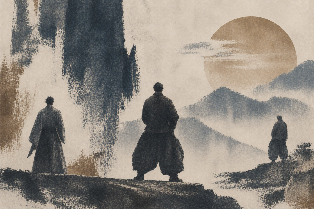 Abstract painting of traditional hakama and voluminous Japanese tobi pants standing side by side, highlighting the evolution of Japanese pant silhouettes from historical dress to functional workwear.