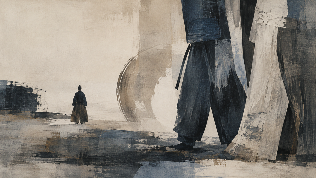 Abstract painting of men wearing Japanese-style wide-leg pants, blending traditional hakama-inspired silhouettes with modern workwear forms in muted indigo and beige tones.