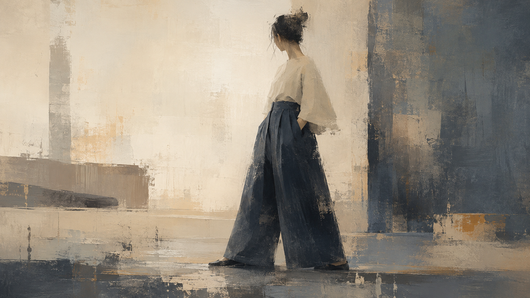 Abstract painting of a woman wearing wide-leg pleated pants and a loose top, reflecting modern Japanese women’s fashion in muted indigo and beige tones.