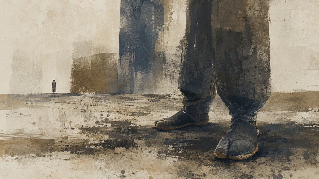Abstract painting of traditional Japanese footwear in muted indigo and earth tones, evoking careful craftsmanship, practical construction, and functional design.