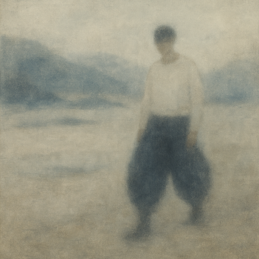 A figure wearing wide Japanese utility pants stands within a soft, mist-filled landscape, highlighting comfort, durability, and a movement-focused silhouette rooted in workwear tradition.