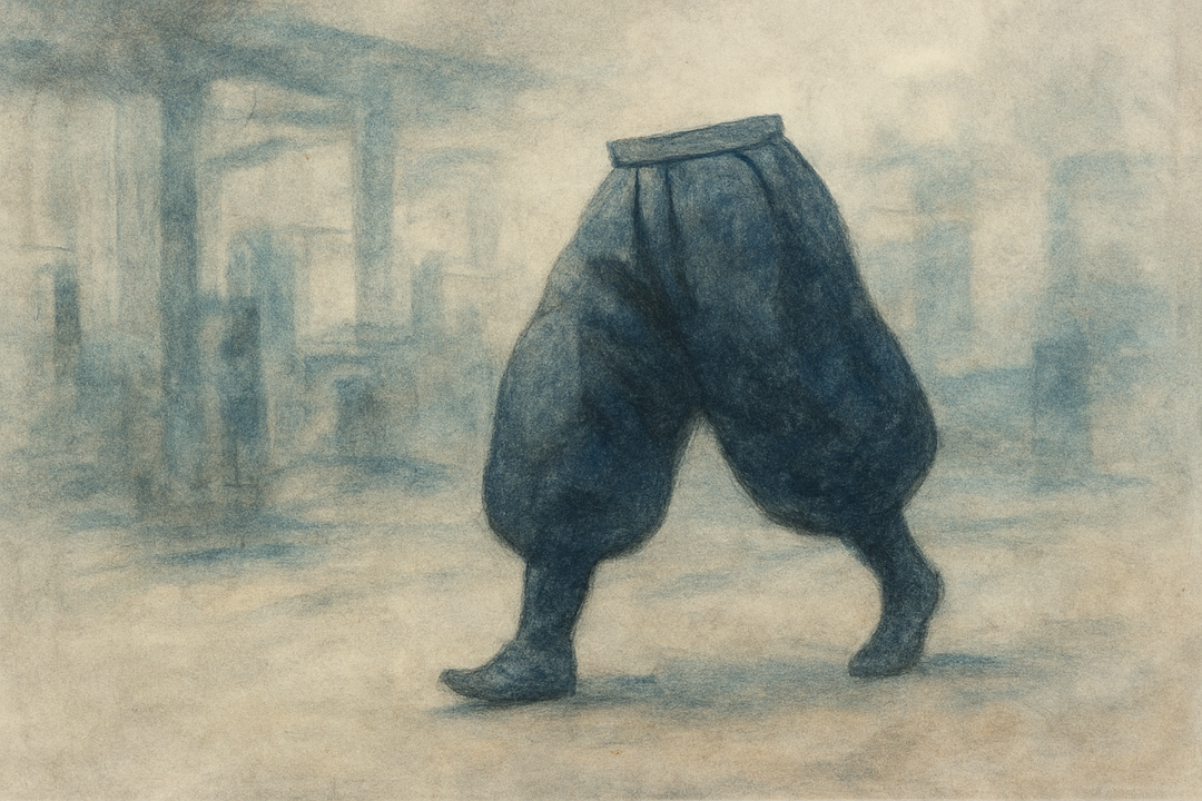 Wide-leg Japanese work trousers are shown in motion within a misty urban environment, emphasizing their sculptural form, balance, and movement-first construction.