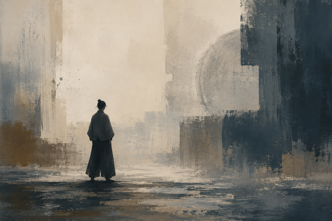 Abstract painting of a figure wearing wide Japanese-style pants in a calm open setting, emphasizing volume, balance, and the relaxed silhouette of modern Japanese fashion.