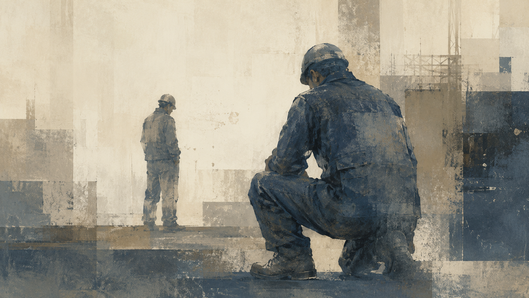 Abstract painting of Japanese construction workers wearing durable work jackets, pants, safety helmets, and boots at an industrial job site.