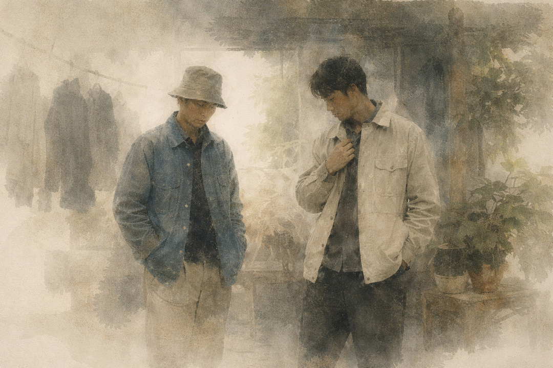 Two men stand side by side wearing Japanese work jackets in a calm, workshop-like setting, illustrating differences in fit, length, and how the jackets layer naturally over everyday clothing.