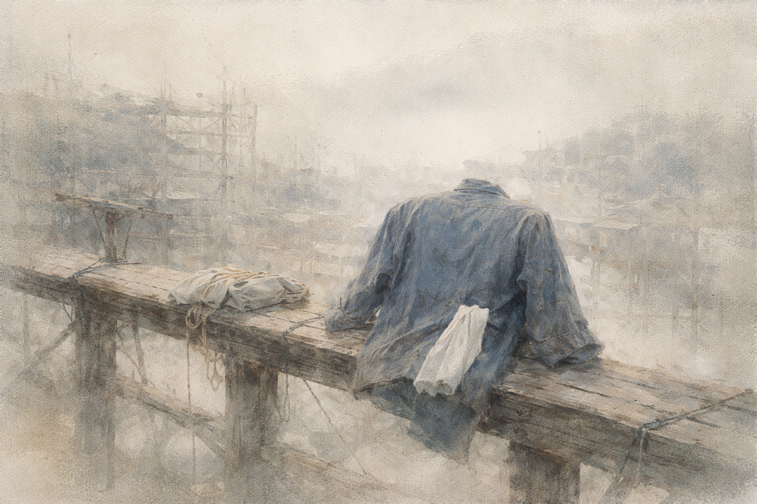 A Japanese work jacket draped over wooden scaffolding at a construction site, highlighting its rugged construction and functional design, contrasted with the more casual, everyday role of Western chore jackets.