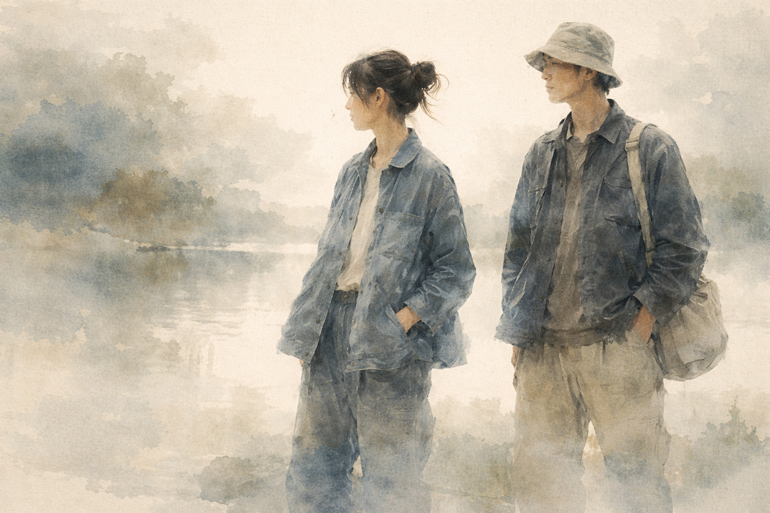Two people wearing Japanese work jackets stand by a riverside landscape, highlighting functional design, relaxed silhouettes, and the understated style of traditional Japanese workwear.