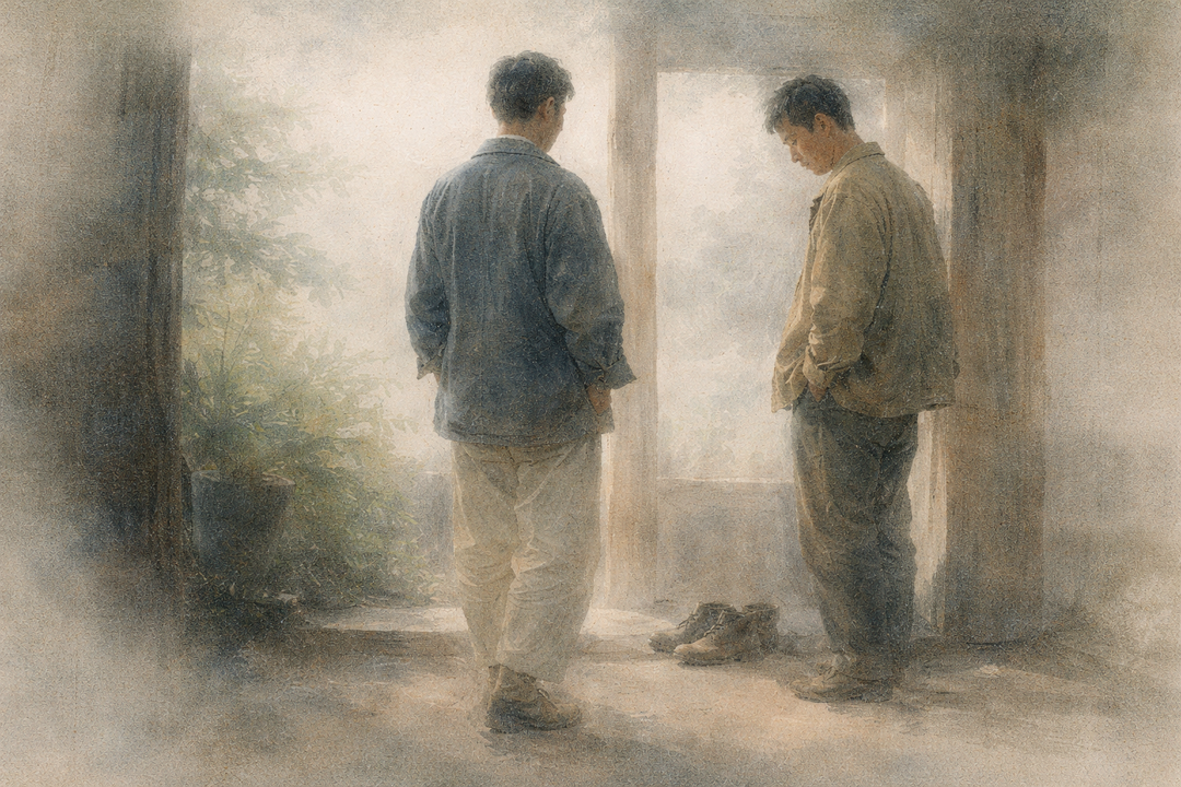 Two men wearing Japanese work jackets stand indoors near a window, comparing fit and silhouette, illustrating different styles and how to choose the right work jacket for everyday wear.