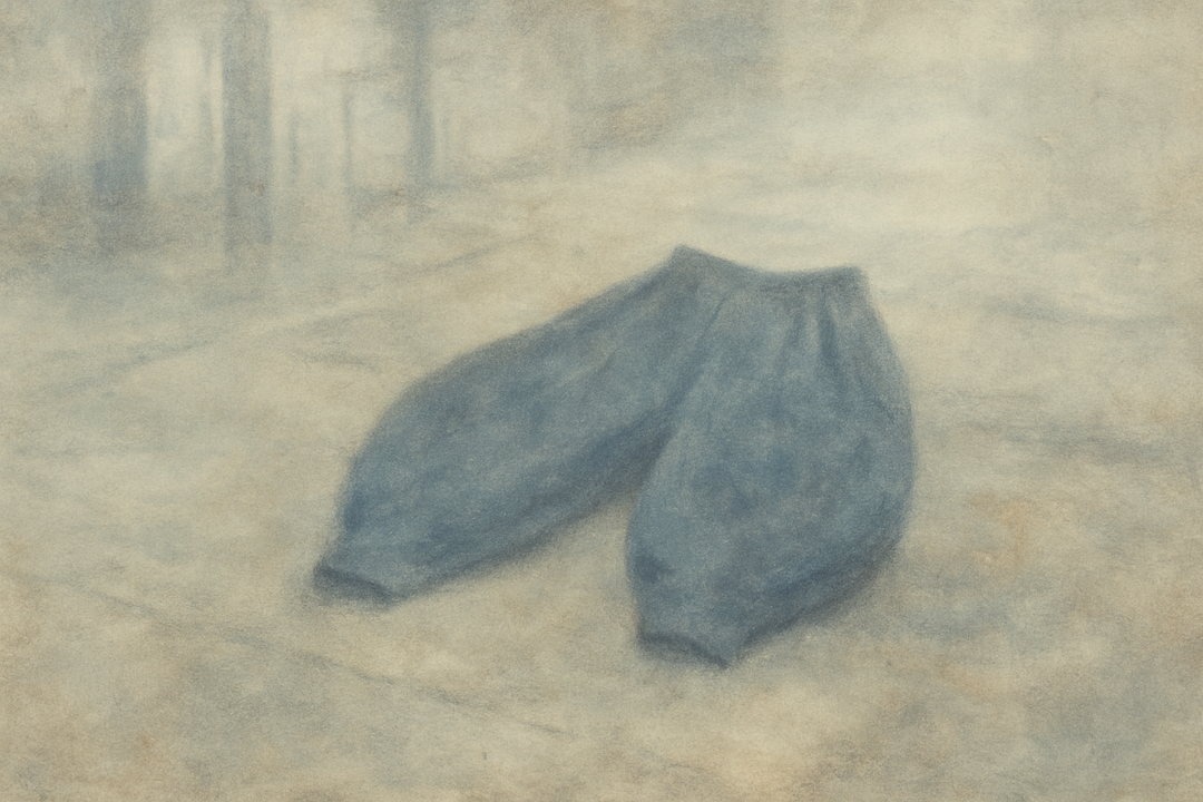 Wide Japanese work pants are displayed alone in a misty urban setting, emphasizing their sculptural volume, functional construction, and movement-oriented design.