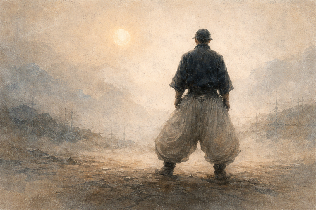 A person stands facing away on a misty worksite wearing traditional Japanese work pants, illustrating the high rise, wide leg volume, and freedom of movement that define Japanese workwear fit.