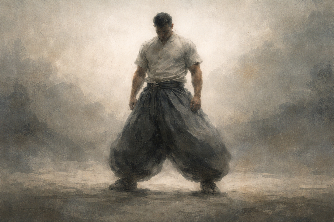 A man wearing traditional Japanese work pants stands firmly, emphasizing the dramatic volume, wide leg shape, and high-rise silhouette that allow balance, airflow, and unrestricted movement.