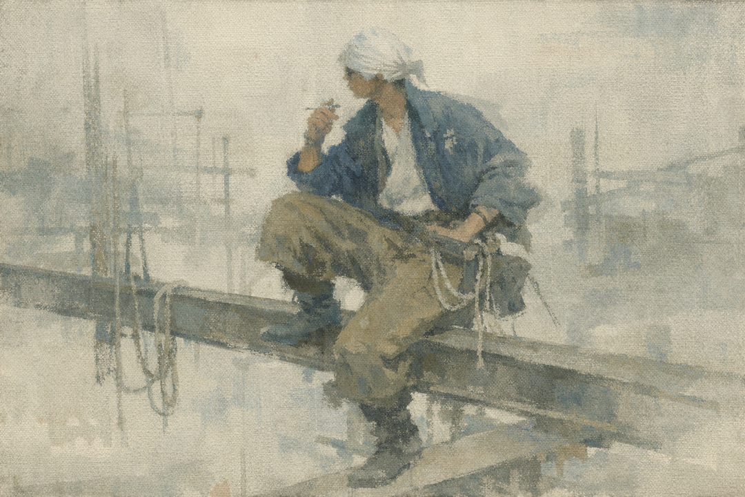 A Japanese construction worker wearing traditional work pants sits on a steel beam at a work site, showing the relaxed fit, rise, and volume that overseas buyers should understand when choosing Japanese work pant sizing.