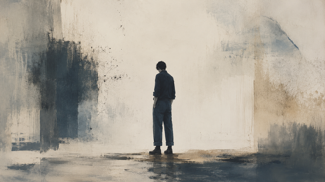 Abstract painting of a tall figure wearing elongated Japanese work pants in a spacious landscape, emphasizing leg length, proportion, and balanced workwear fit.