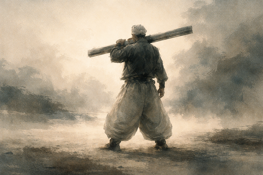 A worker wearing Japanese work pants stands in a dusty landscape carrying wooden beams on his shoulder, highlighting the pants’ wide cut, balanced weight distribution, and freedom of movement compared to Western-style workwear.