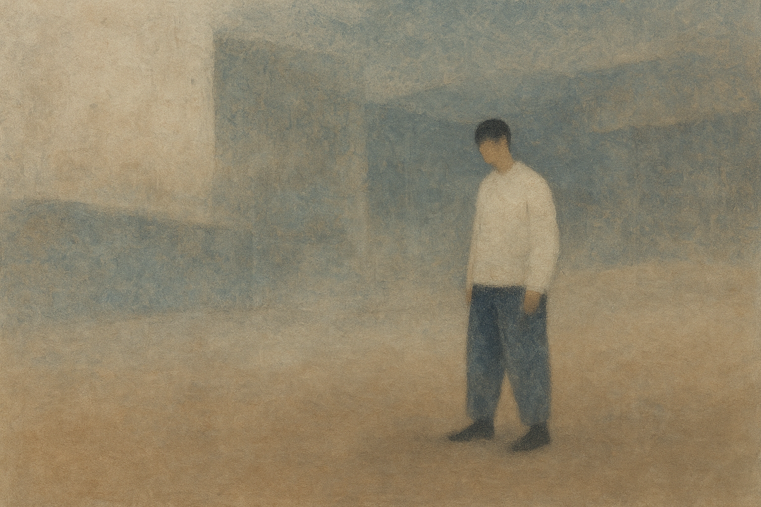 A softly blurred, painterly-style image of a person standing alone in an open, muted-toned space. The figure wears a light-colored top and dark, wide-legged pants, with a calm, introspective posture against a hazy background of beige and blue.