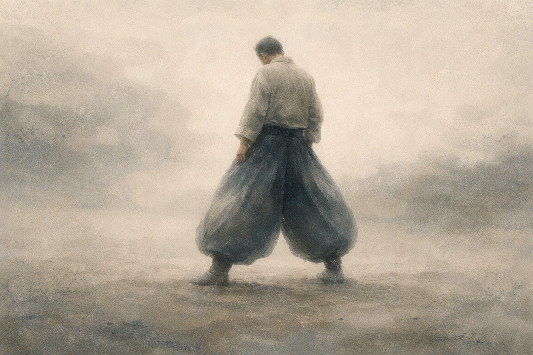 A solitary craftsman walking through mist, wearing traditional Japanese workwear with wide, flowing trousers, expressing movement, balance, and the quiet confidence built into Japanese workwear design.