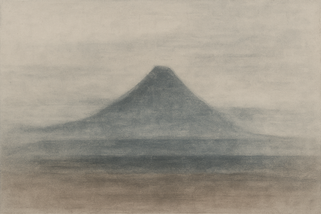 A soft, minimalist depiction of Mount Fuji emerging through mist, symbolizing Japan’s enduring spirit, balance, and the quiet strength that underpins traditional Japanese workwear culture.