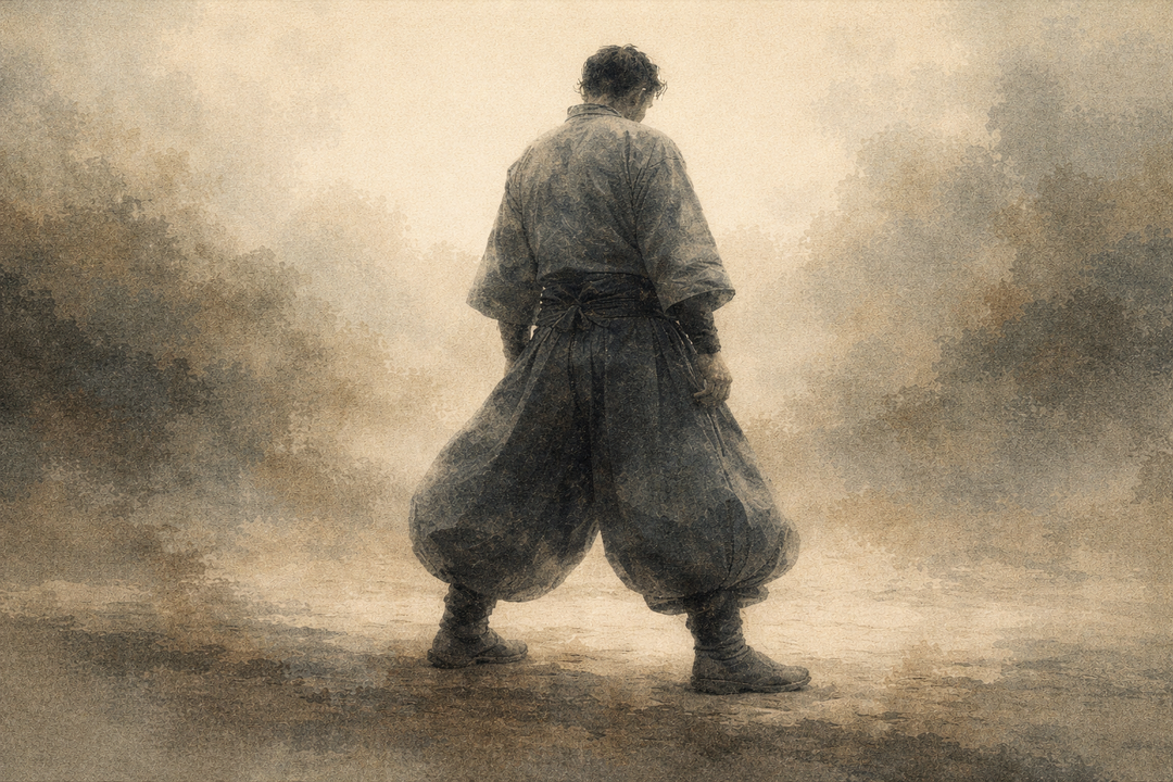 A rear view of a figure wearing traditional Japanese workwear, emphasizing the distinctive wide silhouette and layered structure that define Japanese workwear silhouettes and their balance between strength, movement, and form.