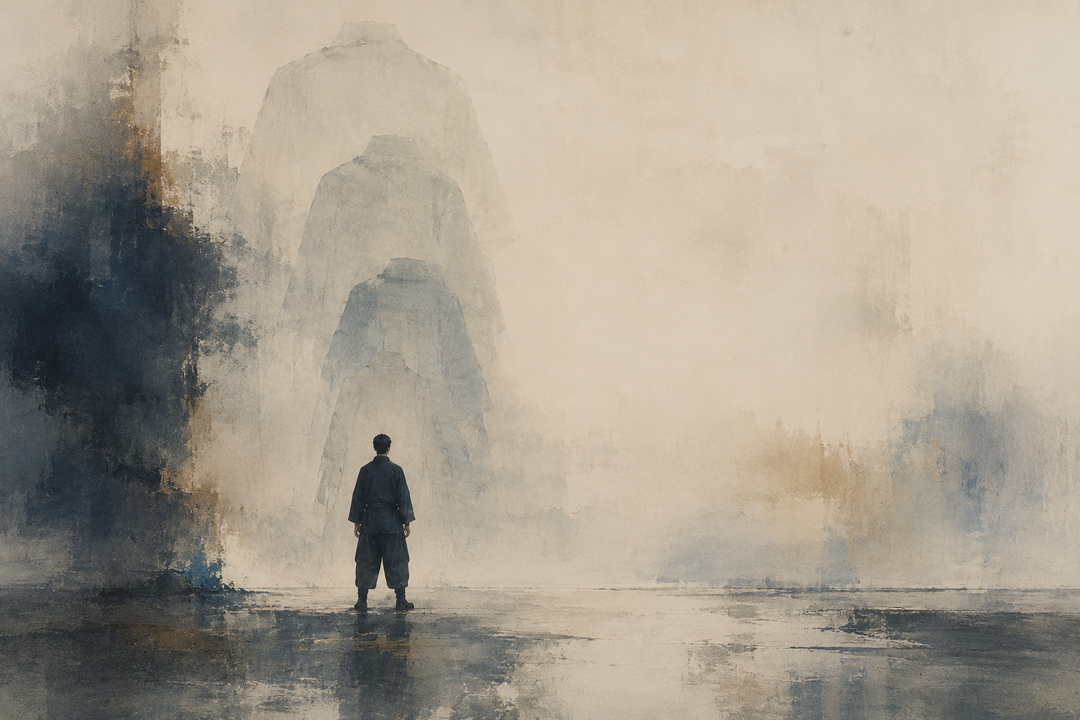 Abstract painting of a figure in Japanese workwear standing beneath layered garment silhouettes of different sizes, evoking fit, proportion, and sizing differences for international buyers.