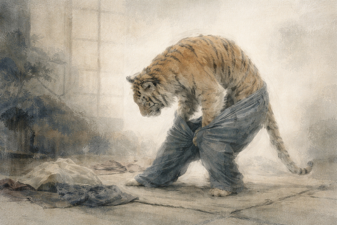 A tiger wearing oversized Japanese workwear pants walks forward in mist, symbolizing how generous sizing and flexible silhouettes adapt even to powerful, non-standard body types.