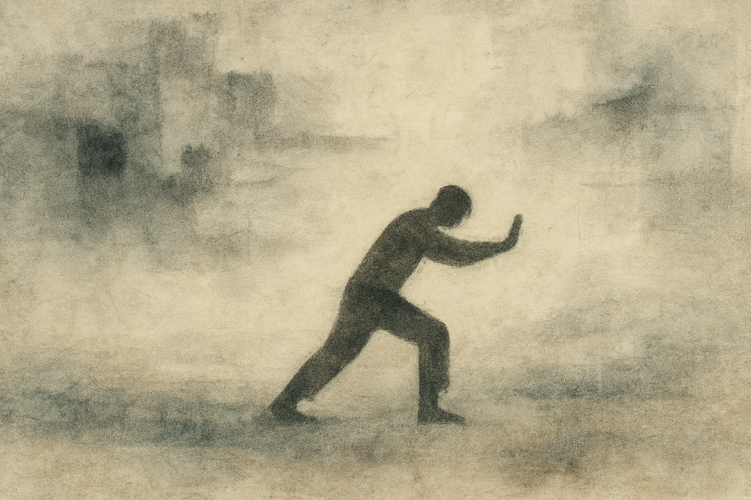 A silhouetted figure leaning forward against an unseen force, representing the physical resilience and quiet strength embodied in Japanese workwear, designed to move with the body rather than restrict it.