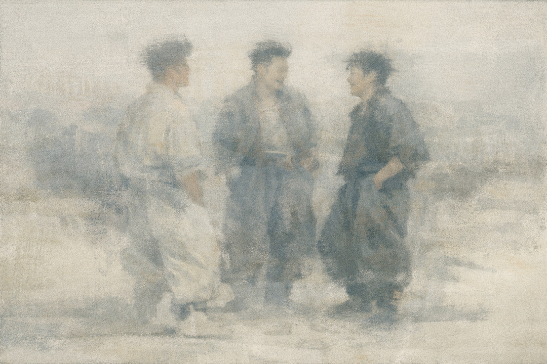 Three people wearing Japanese workwear stand and talk in an urban setting, showing how traditional work clothing with wide silhouettes and relaxed proportions fits naturally into everyday life beyond the job site.