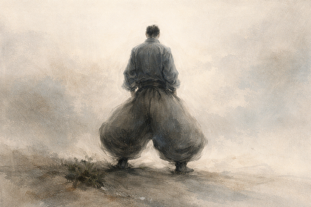 A back-facing figure wearing wide Japanese workwear trousers stands quietly in mist, emphasizing balance, mobility, and the everyday practicality that allows Japanese workwear to function beyond the job site.