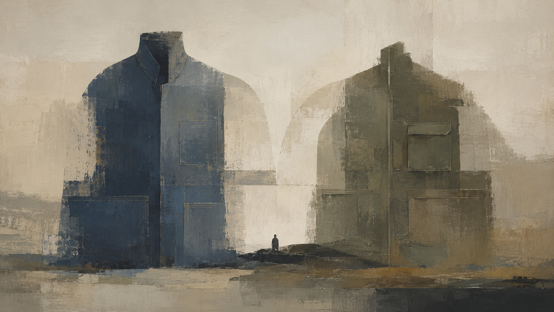 Abstract painting of two oversized utility jackets in muted indigo and olive tones, contrasting Japanese workwear and military clothing through pockets, structure, and functional design.