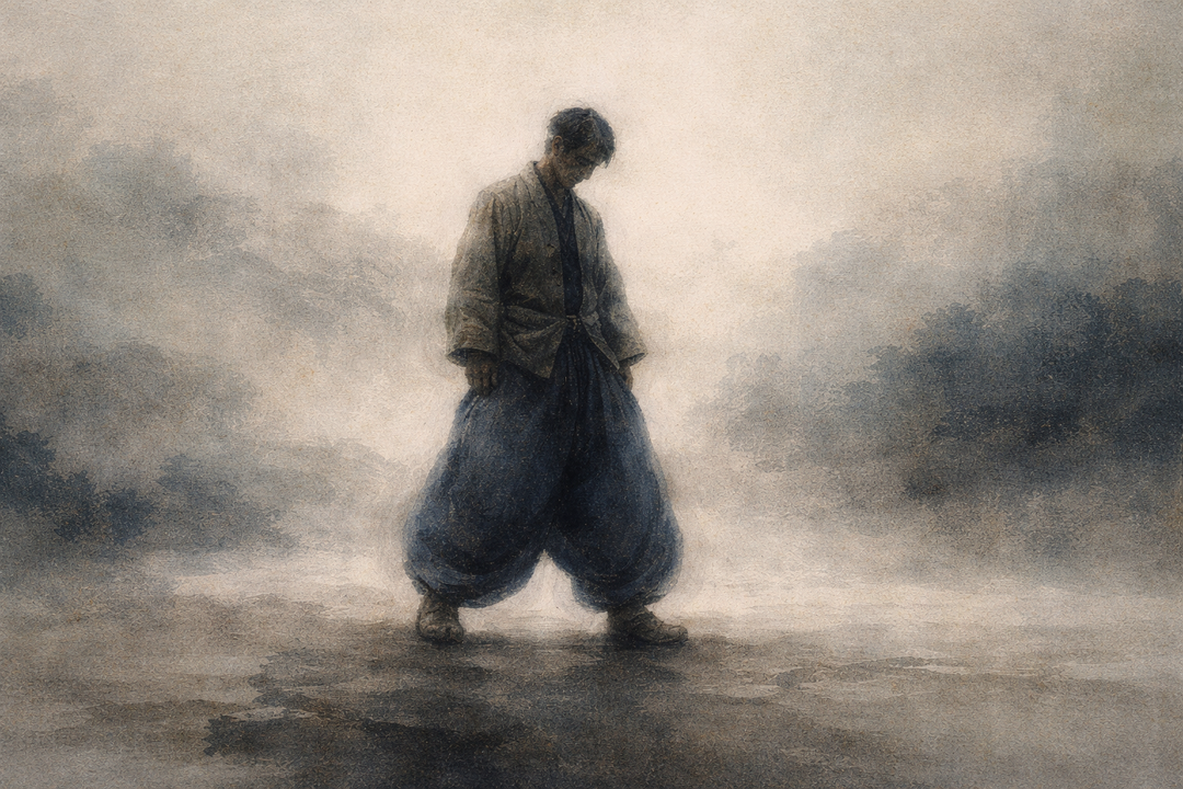 A man wearing traditional Japanese workwear stands quietly in a misty landscape, reflecting the blurred boundary between Japanese workwear and streetwear—where functionality, tradition, and everyday style intersect.