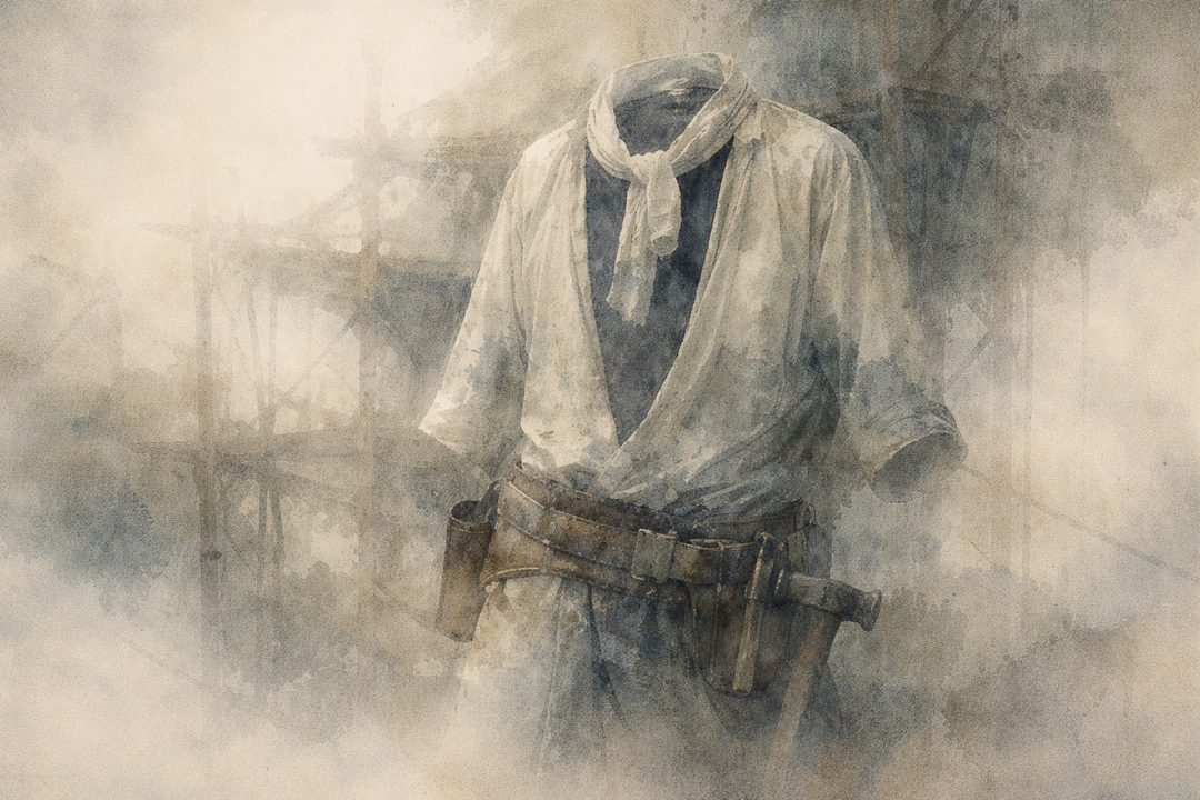 A headless figure dressed in traditional Japanese workwear, wearing a wrap-style jacket and a worn tool belt, standing amid mist—highlighting the craftsmanship, functionality, and lived-in realism that distinguish Japanese workwear from Western styles.