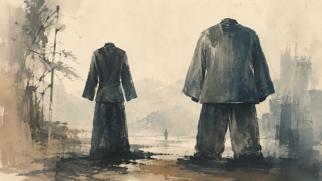Abstract painting of two empty workwear outfits standing side by side in a muted landscape, one slimmer and more compact and the other wider and roomier, visually expressing the difference between Japanese and US workwear sizing.