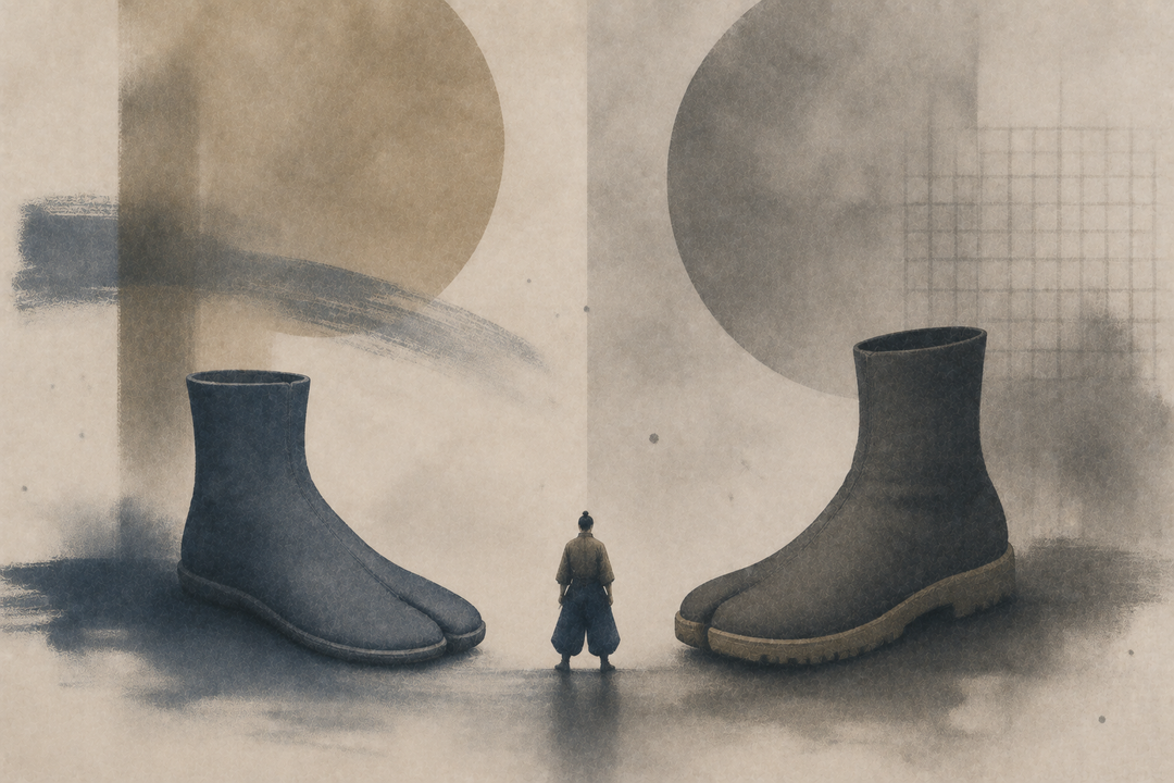 Abstract painting comparing traditional tabi shoes and rugged jikatabi work footwear, highlighting differences in sole construction, fit, and practical use.