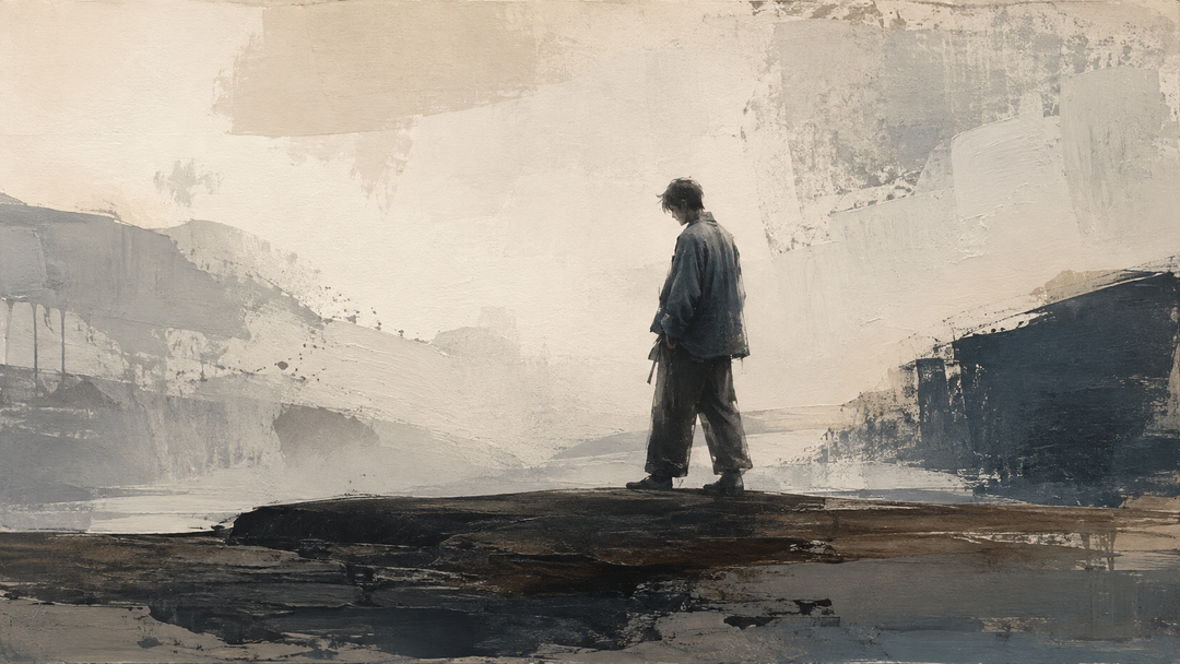 Abstract painting of a man wearing relaxed Japanese-inspired clothing, blending traditional workwear proportions with modern street style in muted indigo and neutral tones.