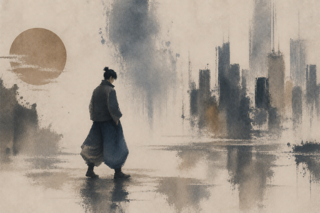 Abstract painting of a man wearing relaxed wide-leg pants in a minimalist urban setting, reflecting modern Tokyo street style and contemporary Japanese fashion.