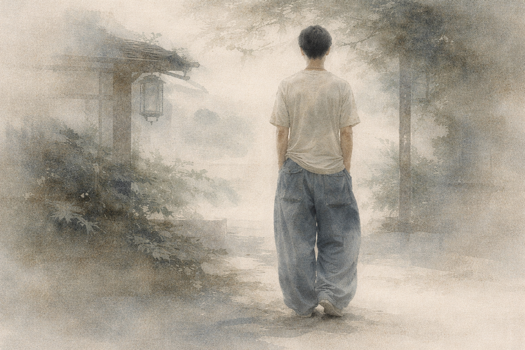 A person wearing modern-style nikka pants walks through a misty Japanese garden, showcasing the relaxed wide-leg silhouette in a contemporary everyday setting.