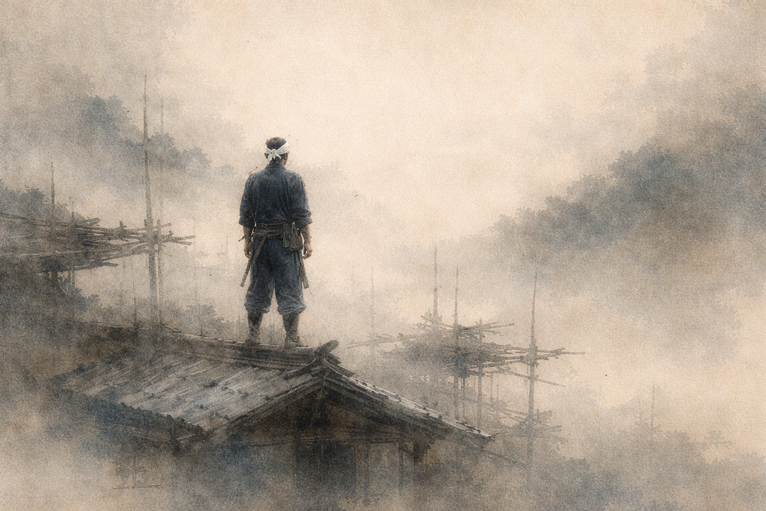 A Japanese construction worker wearing traditional nikka pants stands on a wooden rooftop, the distinctive wide silhouette emphasized against misty scaffolding and mountains.