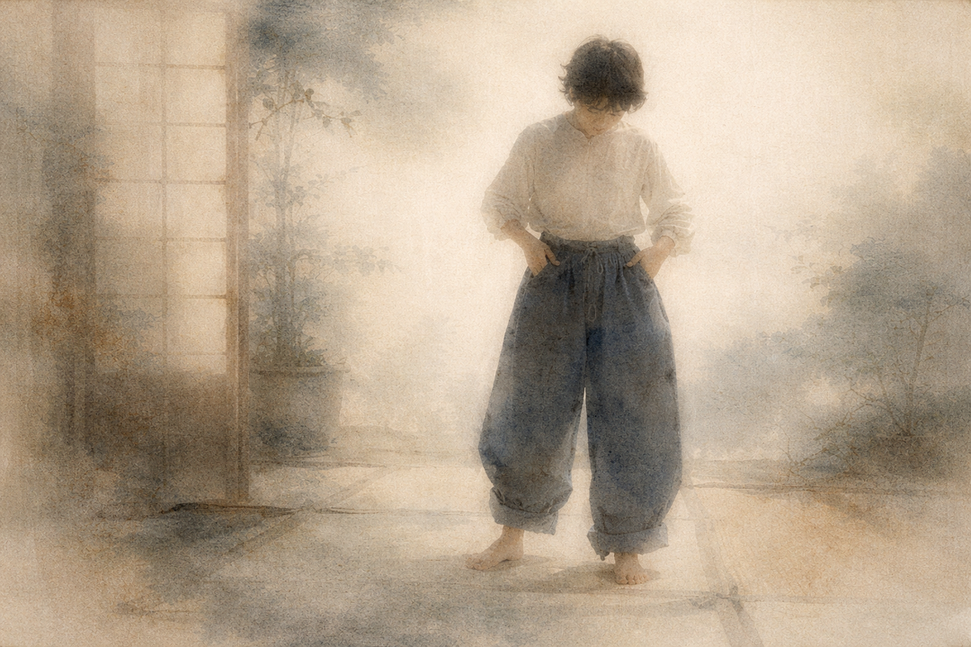 A person wearing loose, high-waisted nikka pants stands barefoot, adjusting the waistband, illustrating the intended volume, rise, and relaxed silhouette used in a nikka pants sizing guide.