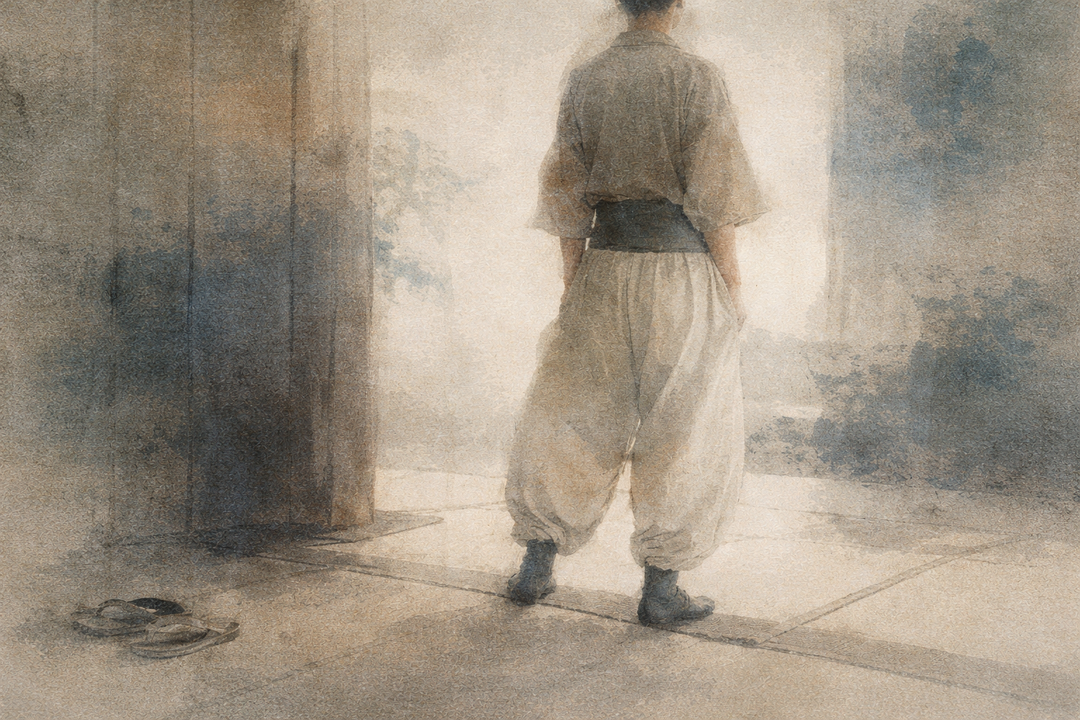 A person wearing light-colored nikka pants stands in a traditional Japanese interior, highlighting the wide, gathered silhouette and ease of movement for everyday wear.